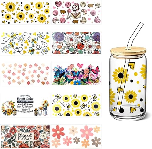 Envoltura de taza UV DTF, 10 hojas de taza de café con diseño de flores, mariposas, abejas, transferencia para tazas de vidrio, calcomanías de