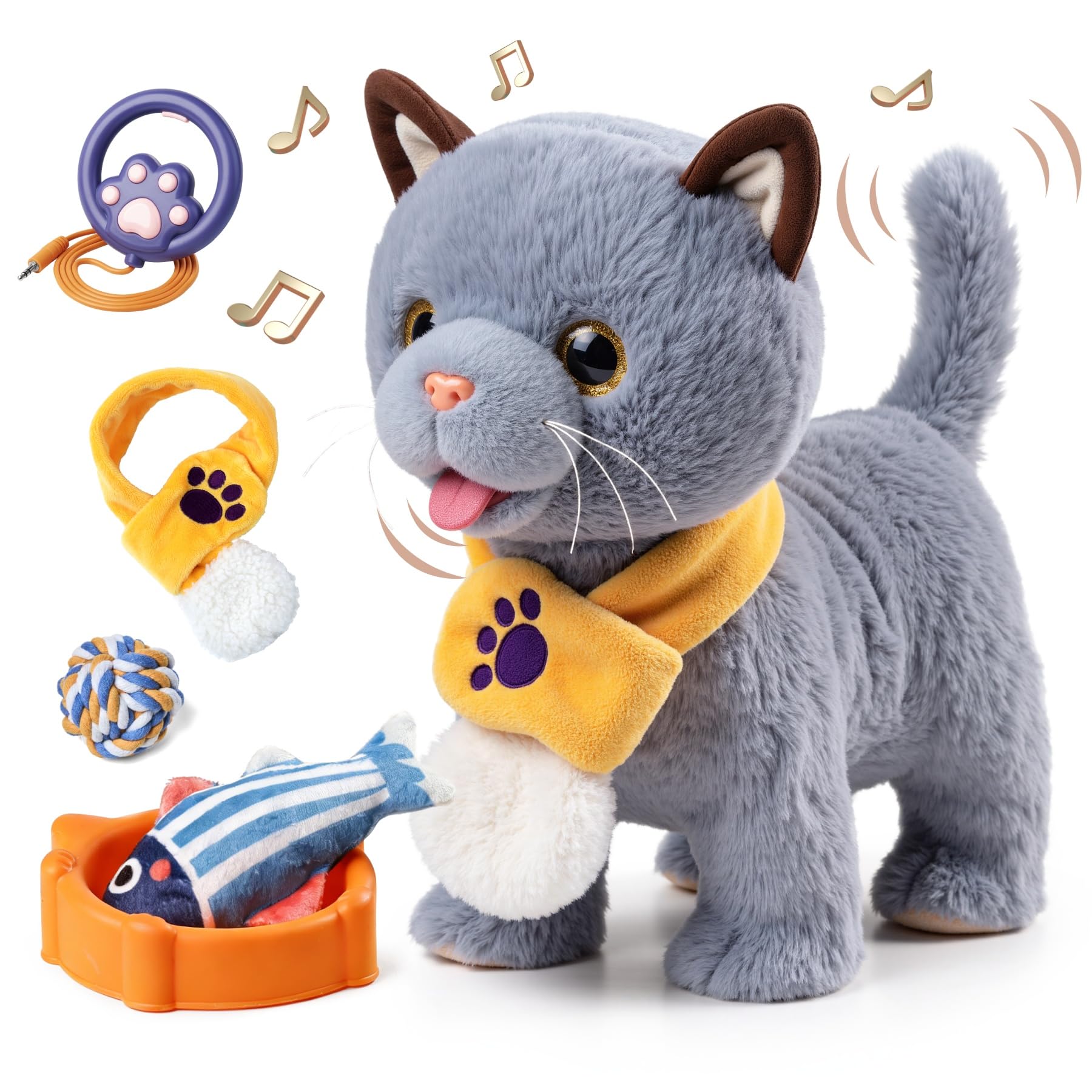 TUMAMA KIDS Giocattolo interattivo per bambini con 6 musiche, peluche gattino con telecomando e guinzaglio che corre e abbaia, peluche elettronico gattino a partire dai 2 anni - camminare, miagola
