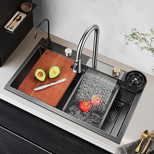 Fregadero de cocina, fregadero de cocina en cascada, fregadero de cocina de acero inoxidable 304 negro de 29.5 pulgadas, fregadero de estación de
