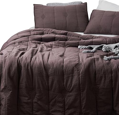 Juego de edredón tamaño Queen, juego de ropa de cama ligera, tela suave lavada, marrón, colcha bordada bohemia, para todas las estaciones, lavable a