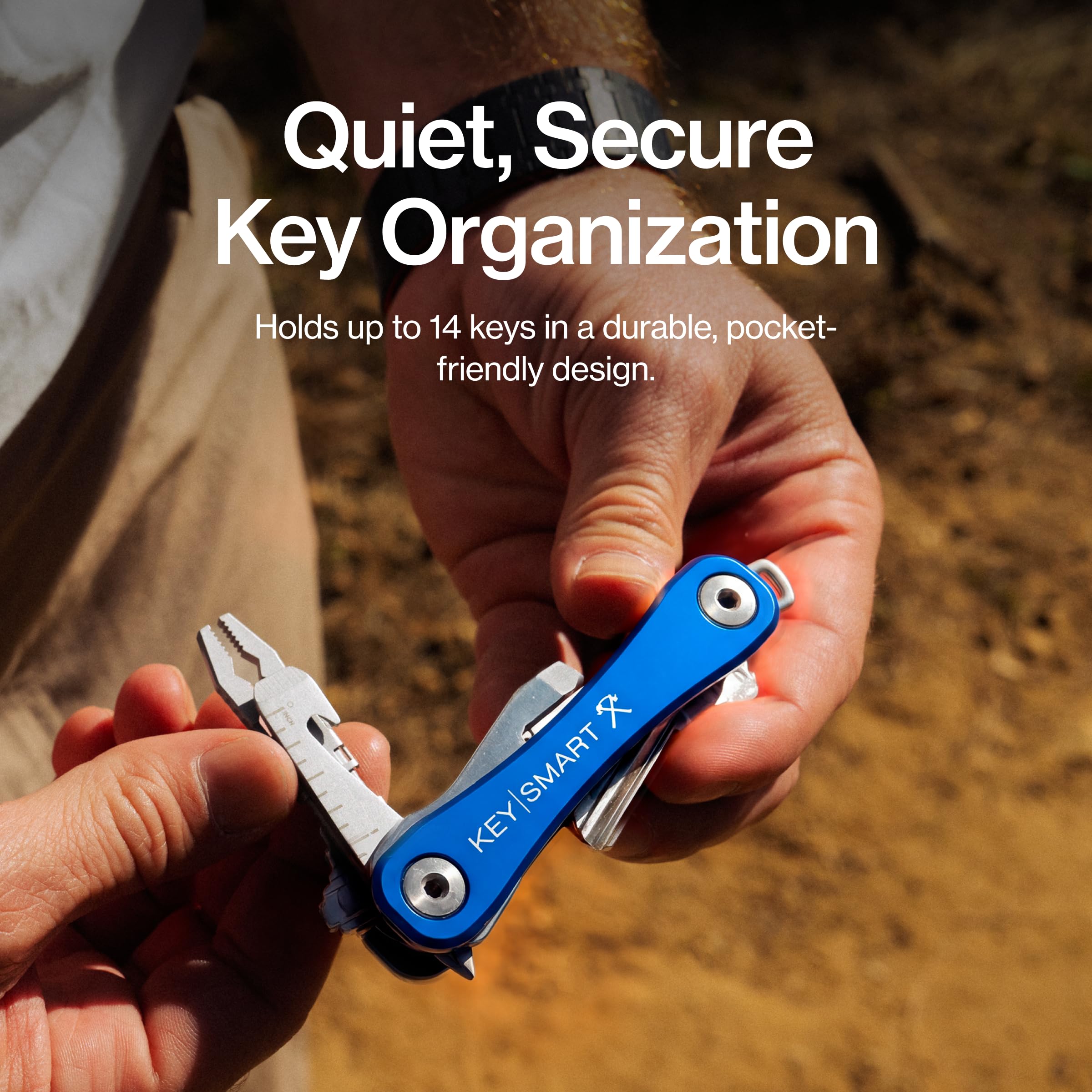 KeySmart Wytrzymały - wielofunkcyjny uchwyt na klucze z otwieraczem do butelek i klipsem kieszonkowym (do 14 kluczy, niebieski)