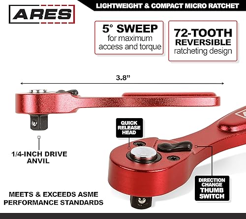 Miniatura 2 de ARES 42060 - Micro trinquete de aluminio anodizado rojo de 72 dientes de 14 pulgadas - Diseño de engranaje de dientes finos de 72 dientes - Tamaño