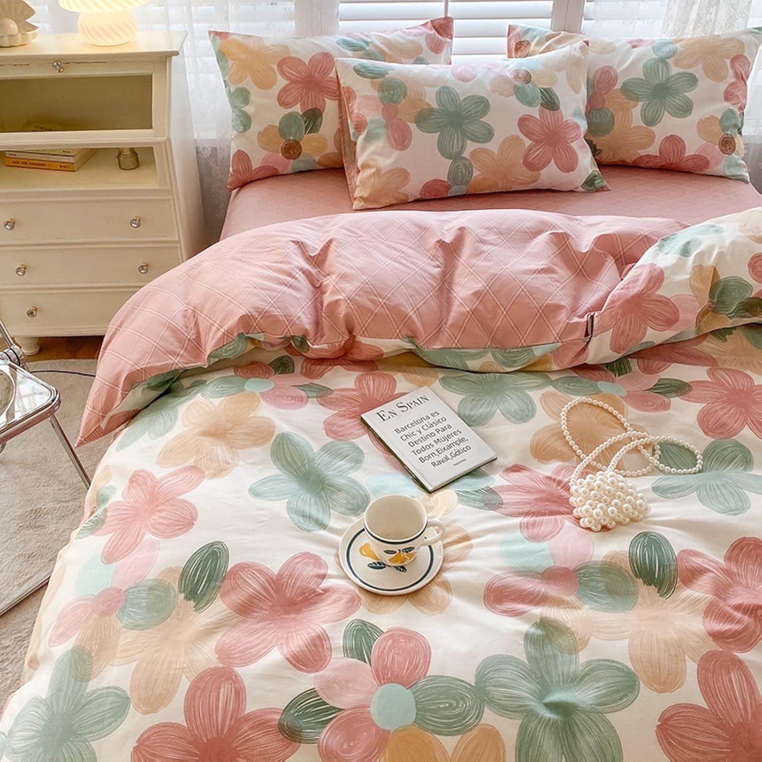 4pcs Duvet Cover Set- 100% Cotton Comfort Duvet Cover Set,Include a Duvet Cover,a Deep Pocket Fitted Sheet,2 Pillow Shams Home Bedding with Zipper Closure for All Season (Queen, Floral)