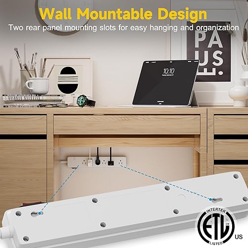 Miniatura 5 de Regleta de alimentación de 6 tomas con cable de extensión de alimentación de 4 pies, protector de sobretensión de sobrecarga de 1200 julios, cable
