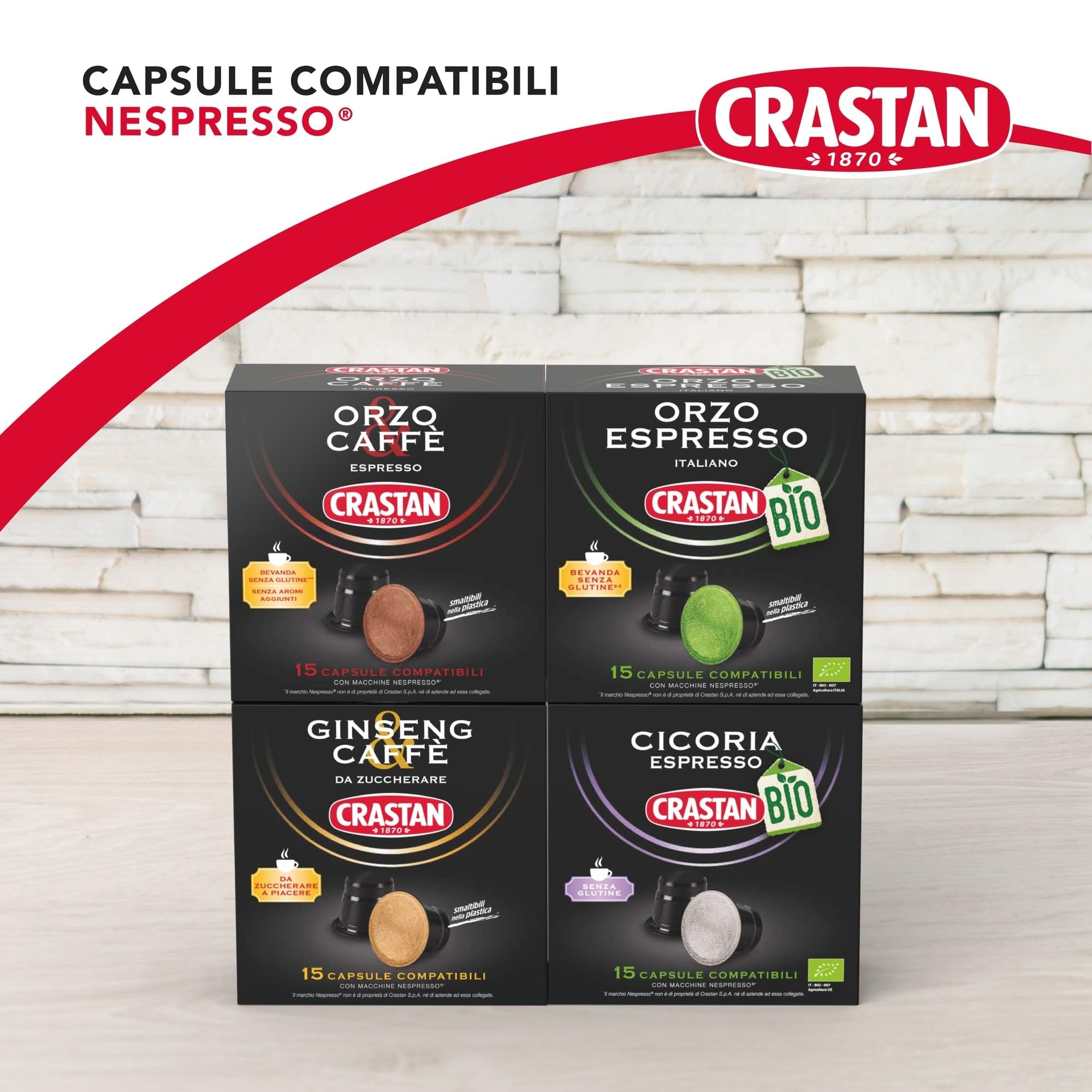 CRASTAN 1870 - Capsule compatibili Nespresso - Orzo & Caffè - 6 Box da 15 Capsule - Da zuccherare