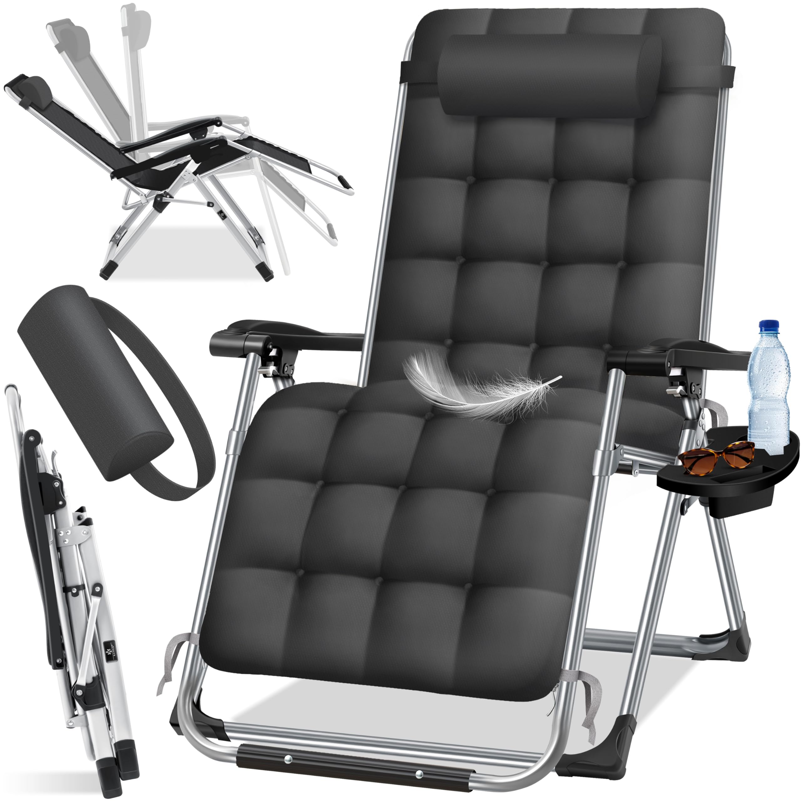 KESSER® Tumbona Plegable y Resistente | Silla de Jardín, Capacidad de 200 kg, Acolchado Ergonómico Extra Ancho, Respaldo Ajustable, Almohada para el Cuello y Portavasos