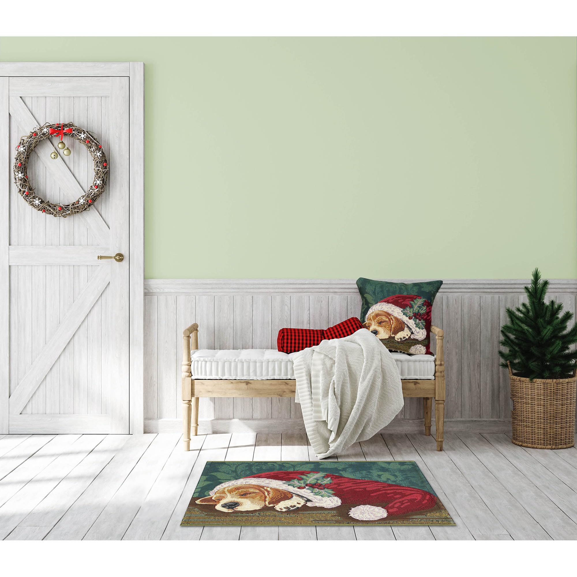 Liora Manne ESENCIA Indoor/Outdoor Power Loomed Latex Back Non Slip Mat - Transitional Whimsical Dog Colorful (Nap in A Cap Pine) (2'5" x 3'11")