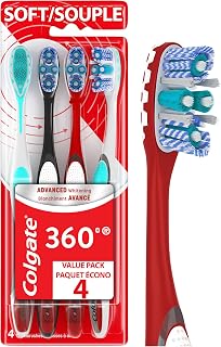 Colgate 360 Advanced Whitening Soft Toothbrush 4-Pack: Soft Bristles, Tongue & Cheek Cleaner for Deep Clean Teeth, Gums