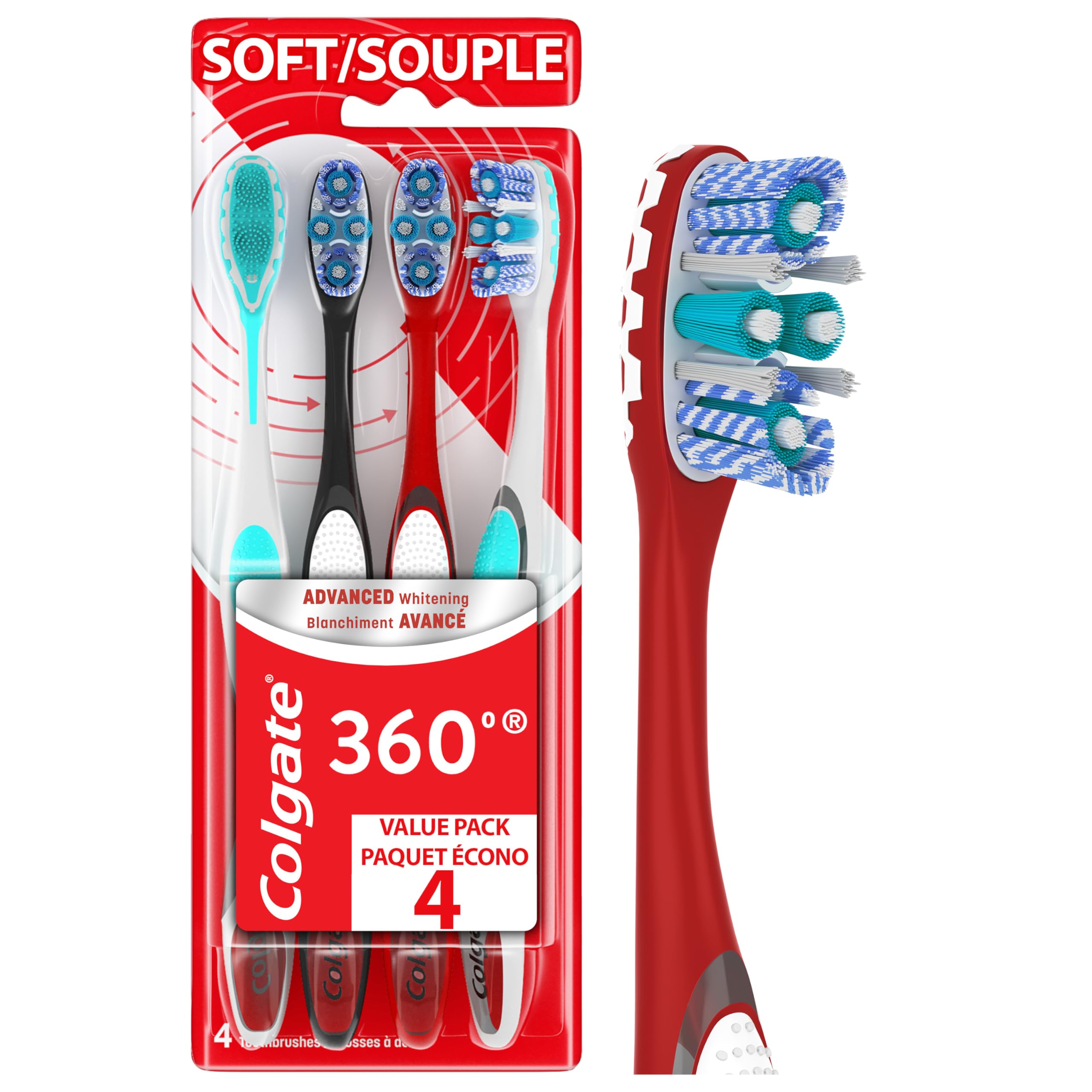 Colgate 360 Advanced Whitening Soft Toothbrush Pack, 4 Adult Soft Toothbrushes with Cheek and Tongue Cleaner, Helps Clean Your Teeth, Tongue, Cheeks, and Gums, 4 Pack