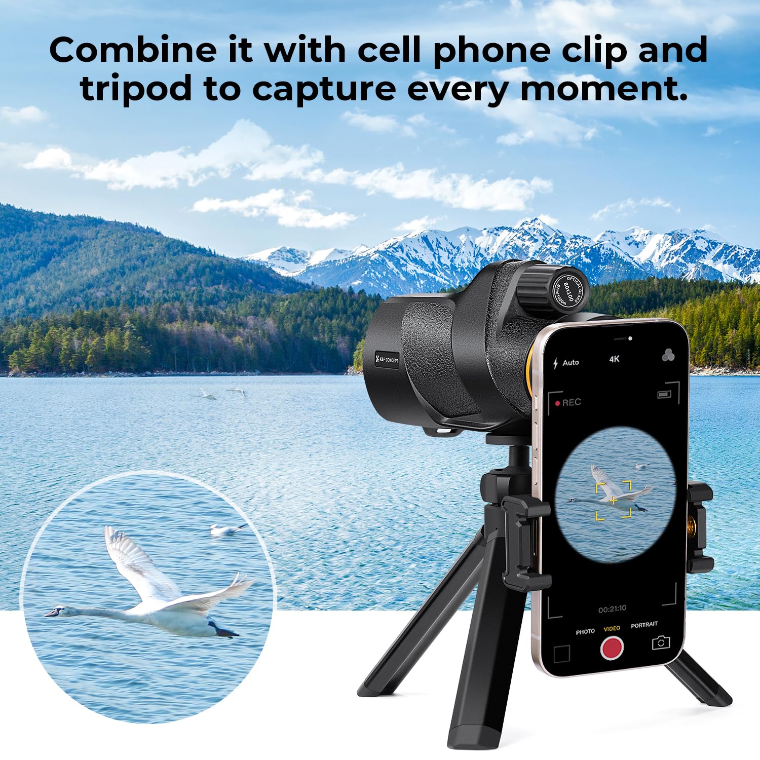 K&F Concept 12x50 HD Monokular Teleskop IP68 Wasserdicht Handy Fernrohr mit Arca-Schnittstelle mit Telefonclip und Stativ für Vogelbeobachtung, Jagen, Wandern, Konzert