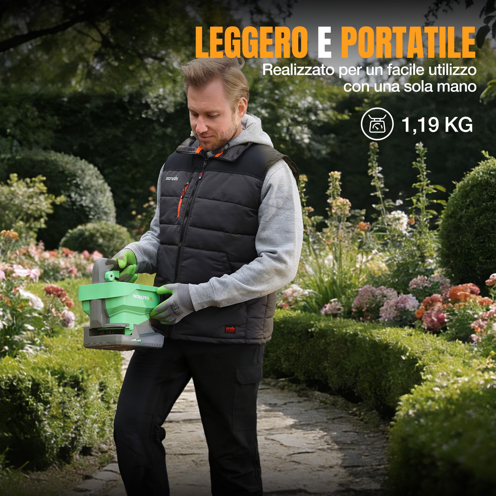WORKPROX Seminatrice Universale a Batteria da 7,2 V con 8 Flussi, 6 Velocità e Larghezza di Proiezione Regolabile, Seminatrice Prato per Semi, Spargisale Fertilizzanti e Sale Antighiaccio
