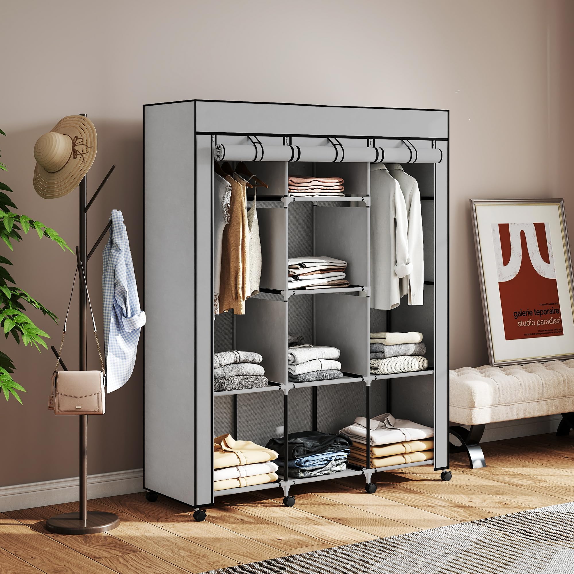 HOMCOM Kleiderschrank Stoffschrank mit Kleiderstange, Ablagen, Reißverschluss Faltschrank Stoffkleiderschrank für Schlafzimmer, Ankleidezimmer, 125 x 43 x 162,5 cm Hellgrau