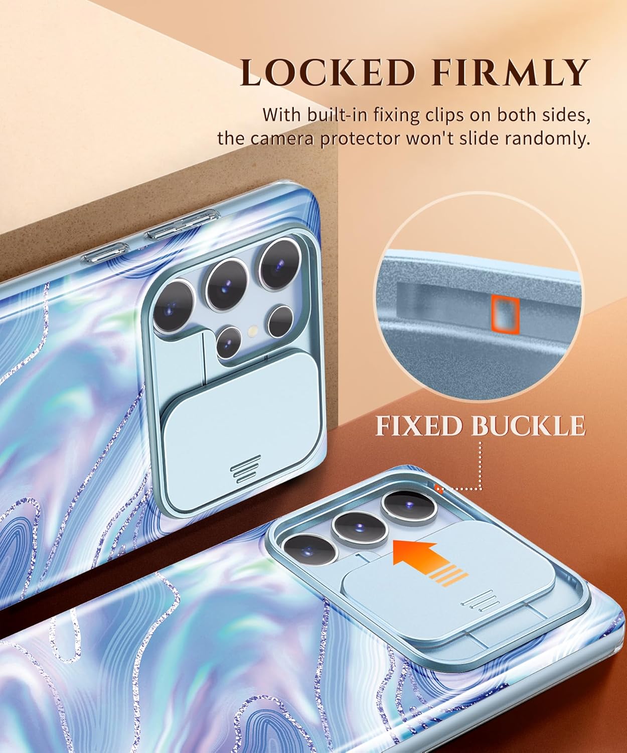 GVIEWIN for Samsung Galaxy S23 Ultra Case with Slide Camera Cover, [Built-in Screen Protector] [2 Front Frames] Military Grade Shockproof, Marble Protective Phone Case 6.8", Aurora/Azure Blue - Image 4