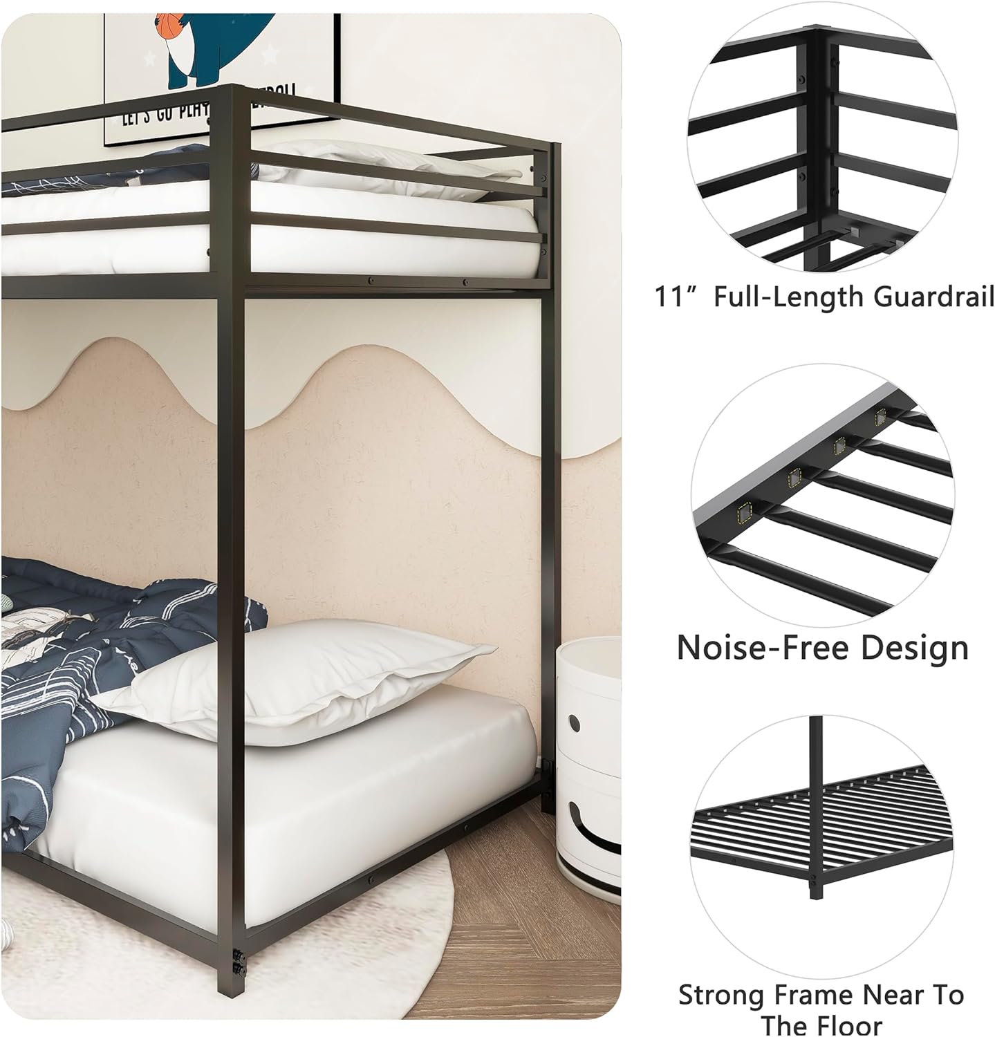 Bunk Bed Twin Over Twin,54-inch High Metal Low Bunk Bed Frame with 11-inch High Guard Rails,Convertible Bed Ladder Installs Any Way You Want,Perfect for Home and Dorms,Bunk Beds for Hostels,Black