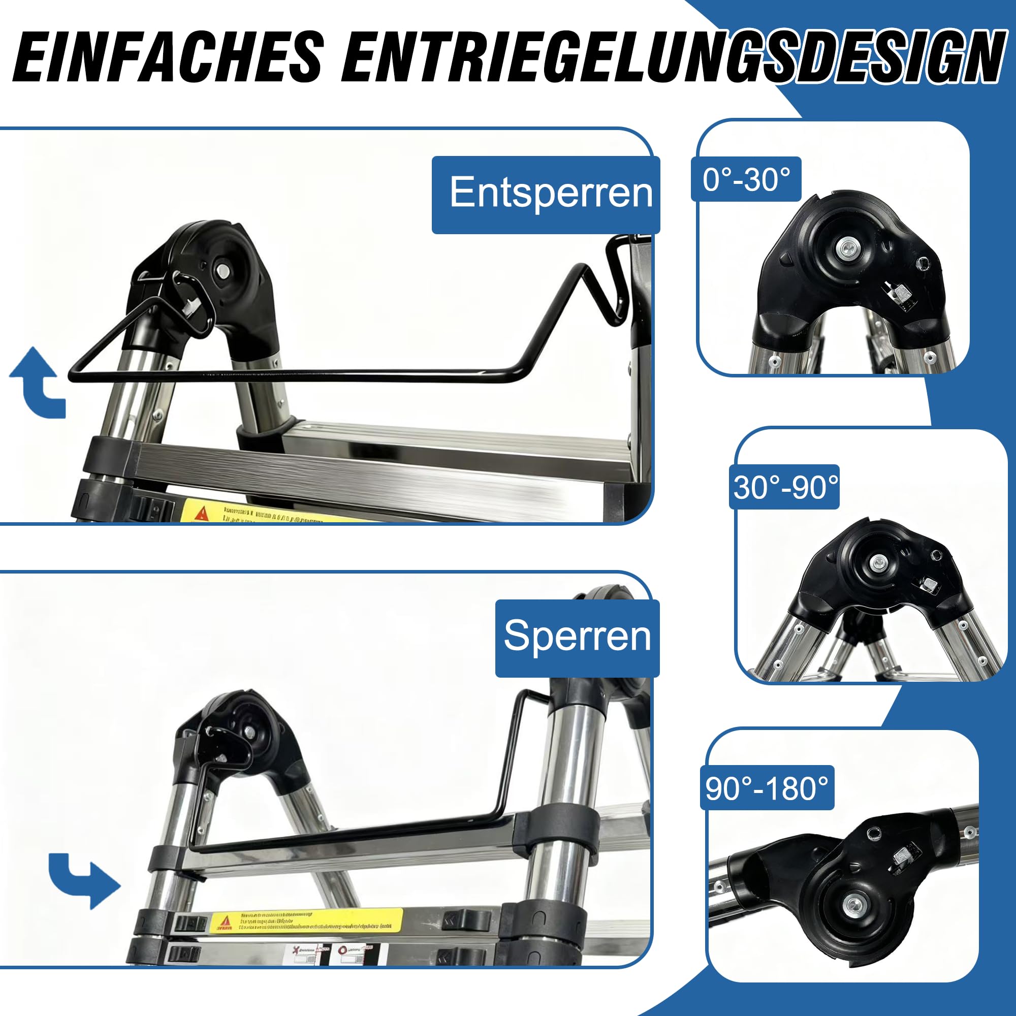 Brsheco Escalera telescópica plegable de acero inoxidable, 5 m (2,5 + 2,5 m), escalera extensible 2 en 1, con estabilizador, gran aplicación, escalera plegable, escalera de pie, 150 kg, color plateado