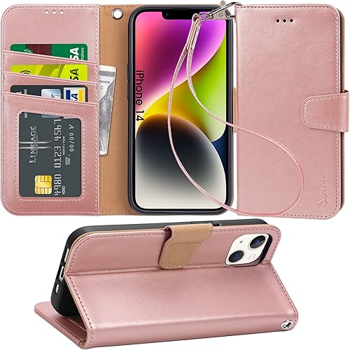 Arae Funda tipo cartera compatible con iPhone 14 con tarjetero y correa para la muñeca para iPhone 14 de 6.1 pulgadas, color oro rosa