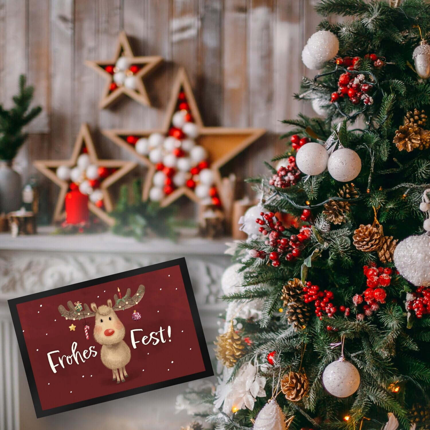 speecheese Frohes Fest Rentier mit Weihnachtsschmuck Fußmatte XXL in 50x75 cm eine Festliche Fußmatte XXL in 50x75 cm zur Weihnachtszeit Weihnachtliche Fußabtreter REH Türmatte für Frauen
