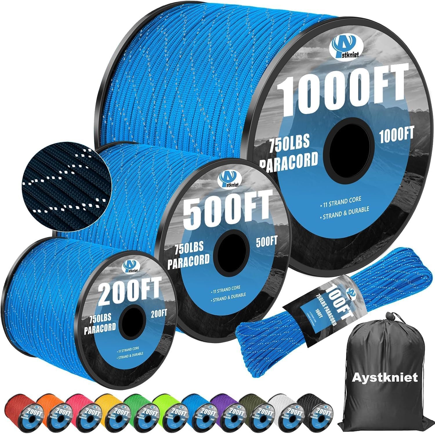 750Ib Reflective Paracord Rope,100' 200' 500' 1000', 4mm 11 Strand Parachute Spool Cord with Collecting Bag, para Cord Lanyard for Hammock, Camping