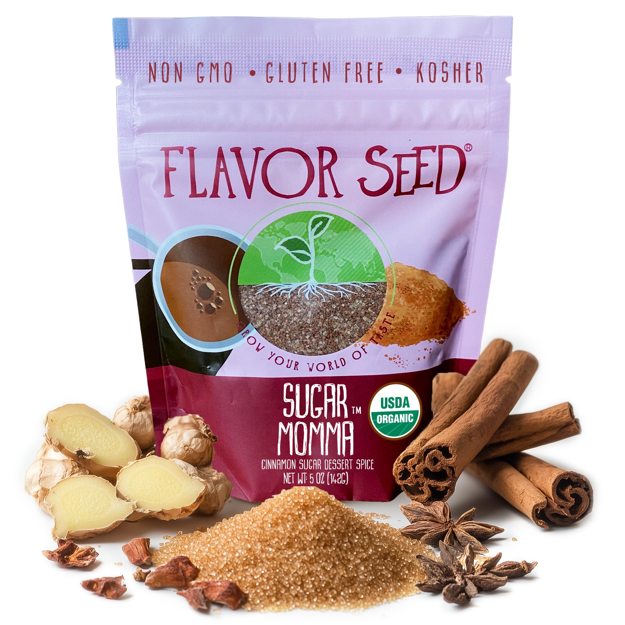Organic Cinnamon Sugar Dessert Spice - Sugar Momma by Flavor Seed, Gluten Free Sweet Seasonings and Spices for Cooking & Baking. Garnish Waffles,