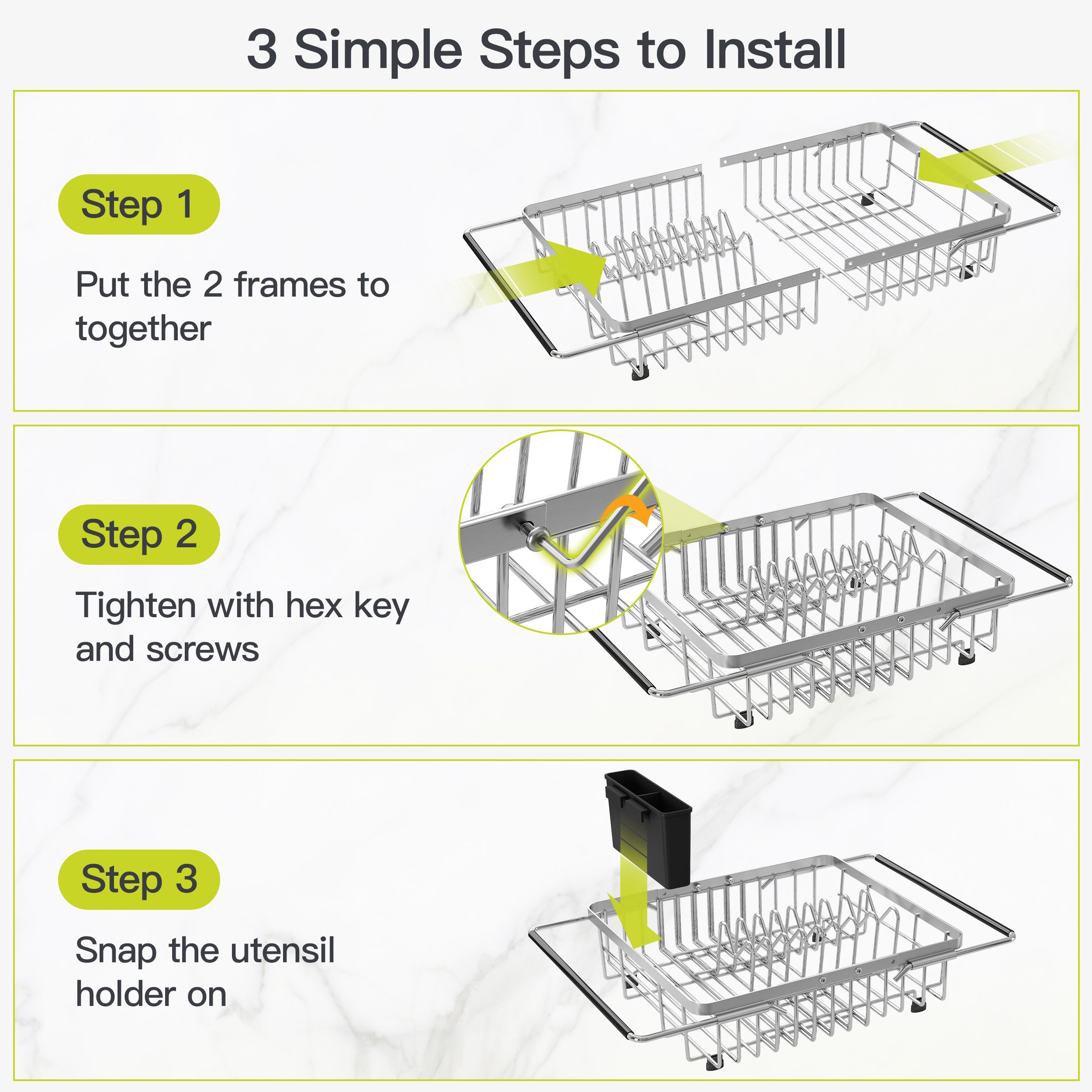 JASIWAY Escurridor de platos extensible de acero inoxidable sobre el fregadero para cocina pequeña, ahorro de espacio, escurridor de platos compacto, soporte de metal ajustable para colgar platos con