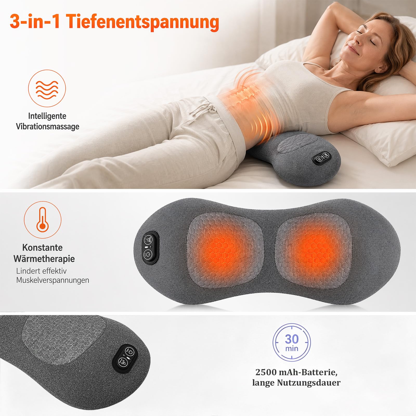 3 In 1 Rückenmassagegerät, Rücken Massage Gerät, Kissen Massagekissen | Massagegerät mit Wärme, Kissen Back Massager mit Intelligentem Steuerschalter, Massage Pad For Nacken, Schultern und Rücken