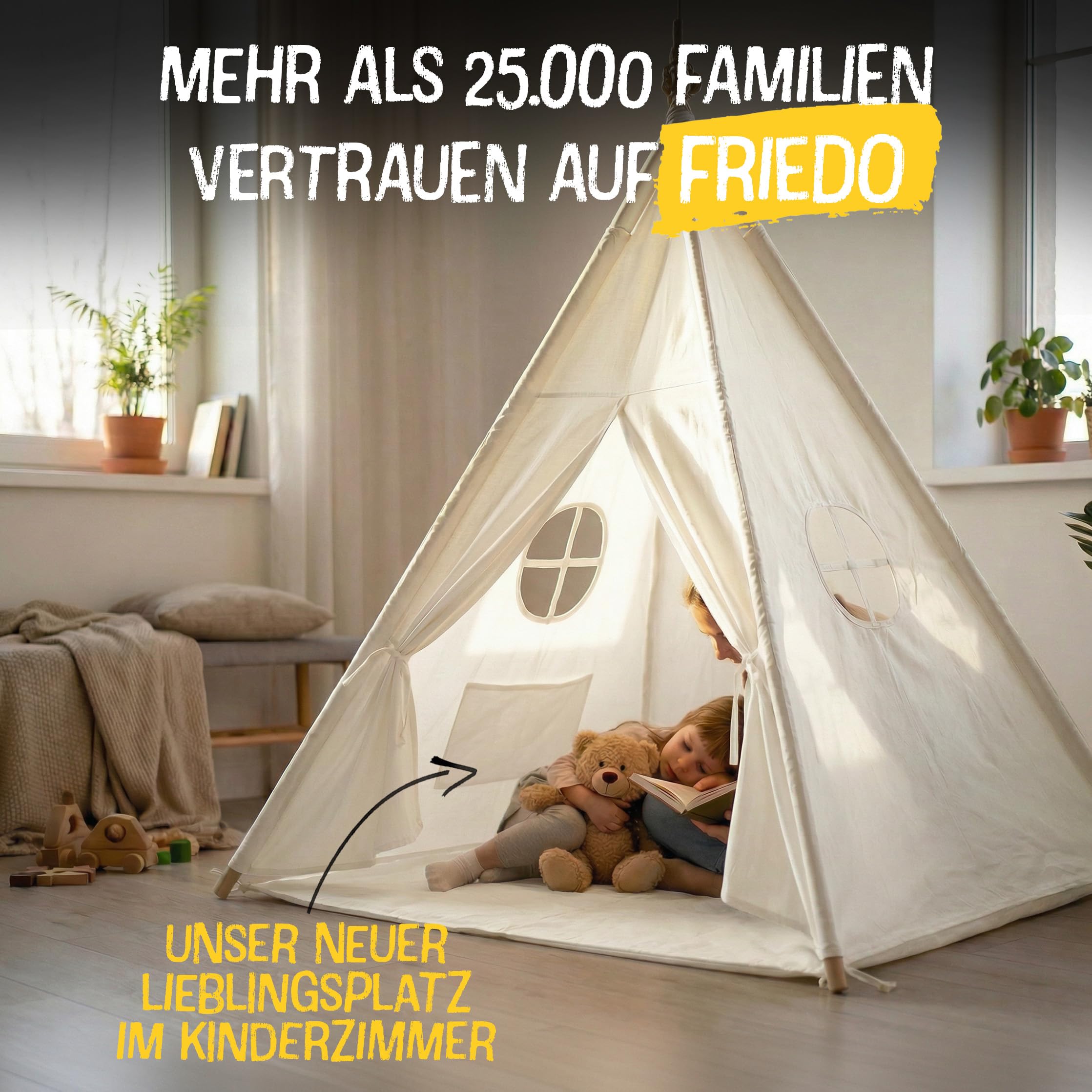 FRIEDO Tipi Zelt für Kinder inkl. Bodenmatte und Stabiler Holzstangen I OEKO-TEX100 zertifiziertes Baumwoll Tippi Kinderzelt Indoor und Outdoor nutzbar I Spielzelt für drinnen z.B. Kinderzimmer