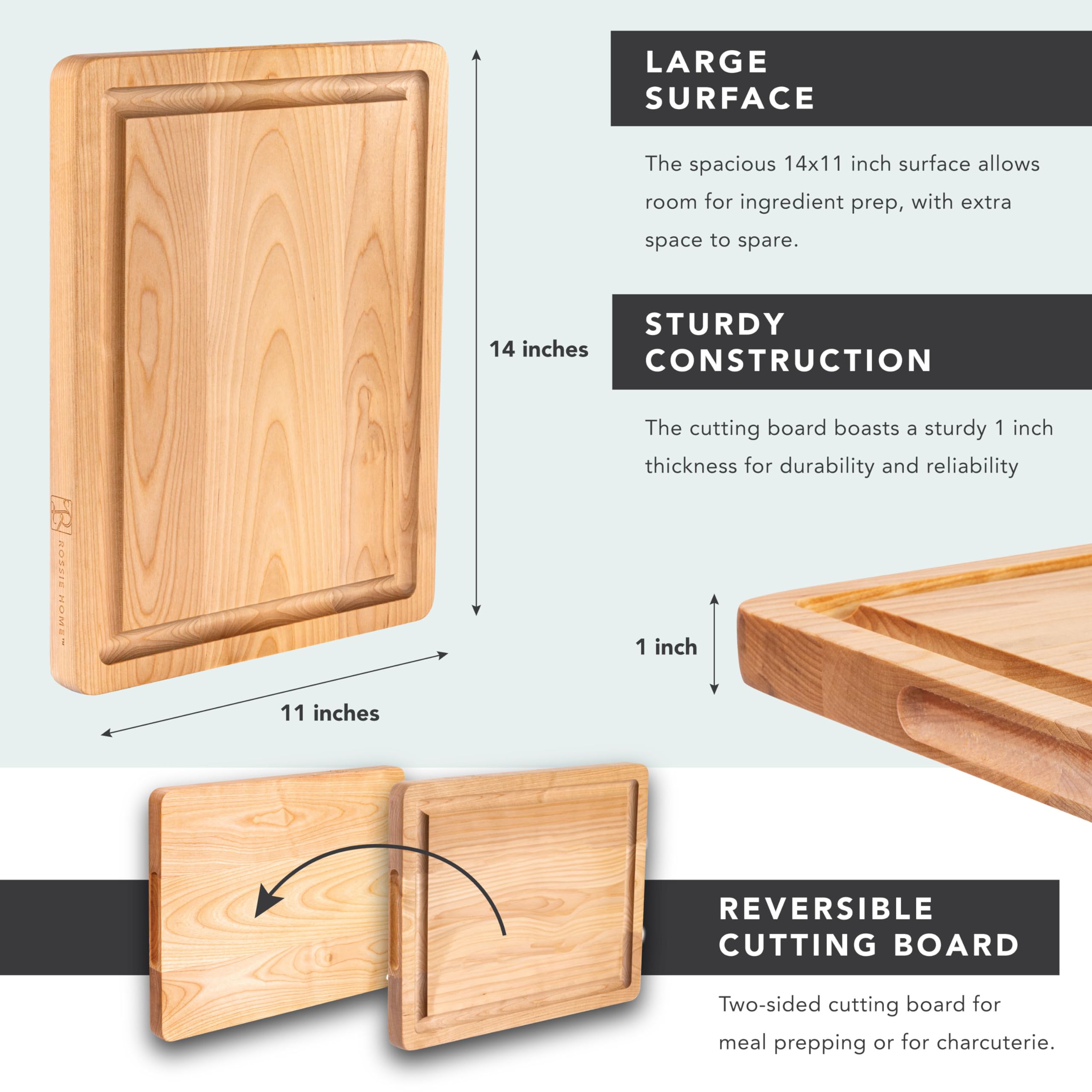 ROSSIE HOME Tabla de cortar de madera, resistente, preengrasada, reversible, con ranura para jugo y asas de transporte para cocina, arce rubio, 14 x 11 pulgadas