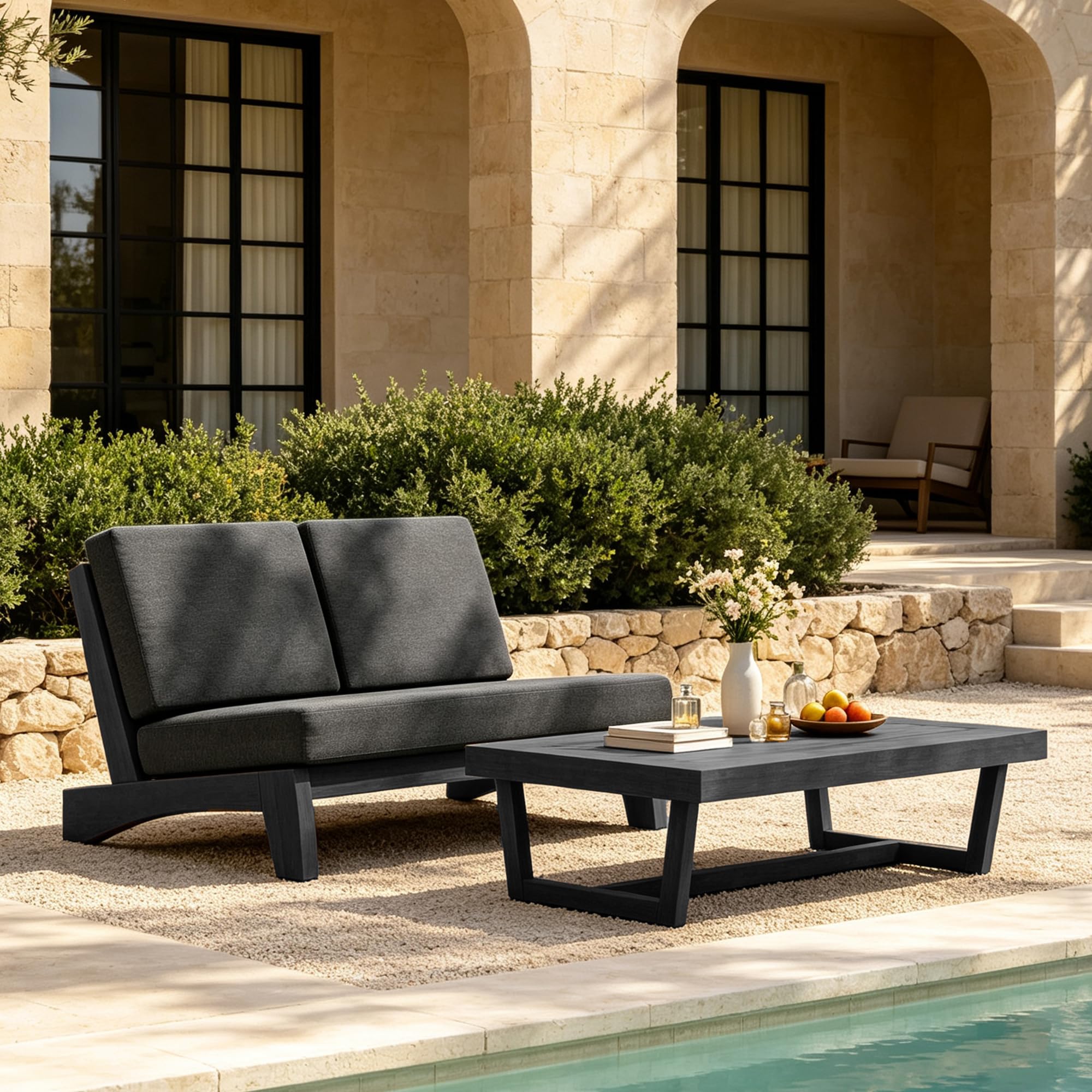 Pia Ricoo 2 Piece Patio Furniture Set, Outdoor Split Back Loveseat with Coffee Table &amp; Thick Cushions, All-Weather Outdoor Sofa for Backyard, Deck, Lawn, Drak, Dark Wood