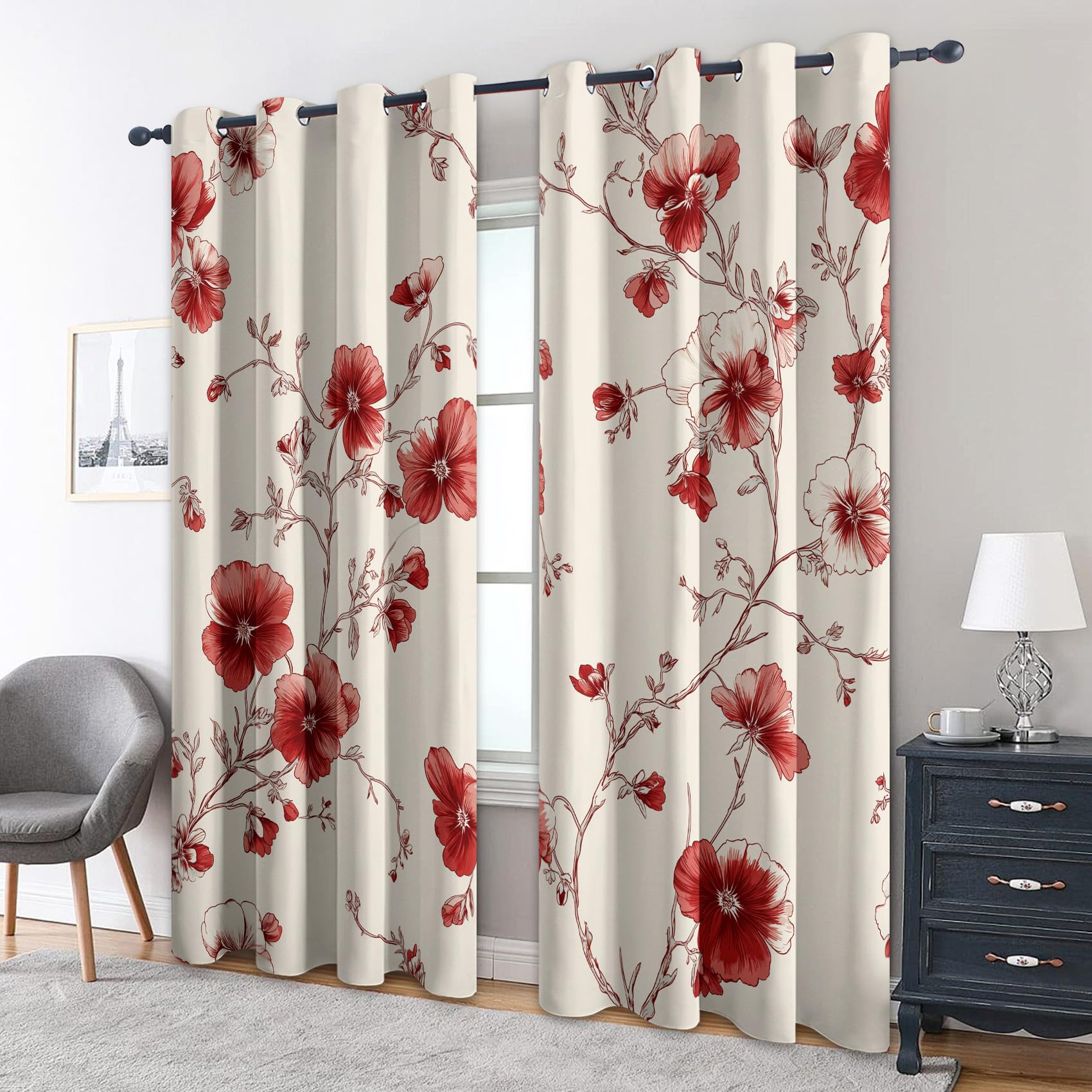 Generisch Mohnblumen Vorhänge Blickdicht Gardinen mit Ösen, Rot Weinrebe Blumen Floral Deko Muster Wohnzimmer Schlafzimmer Fenster Verdunklungsvorhänge, H 245 x B 140 cm 2er Set (3c5-124)
