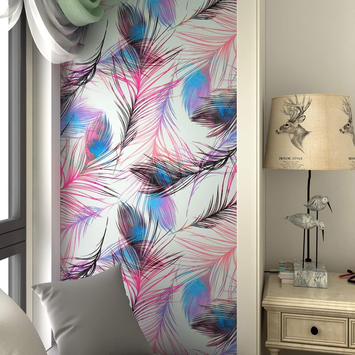 LaCheery 17.7"x276" Colorful Wallpaper for Bedroom Peacock Feather Wallpaper Peel and Stick Decorative Contact Paper for Cabinets Renter Friendly Removable Purple Blue Pink Wall Paper Living Room Wall