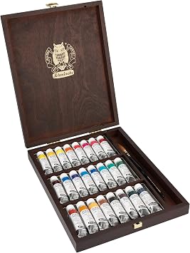 Schmincke - HORADAM AQUARELL, elegant wooden box, 24 x 15 ml tubes, 74 653 097, finest artists watercolors, brush #4