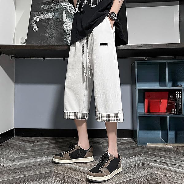 メンズ ショートパンツ ワッフル 七分丈 ロールアップ チェック 半ズボン ゆったり カジュアル ウェストゴム サマー 短パン ガウチョ ハーフパンツ 夏 通気速乾 シンプル オシャレ ドレープ ファッション 普段着 アウトドア - 3