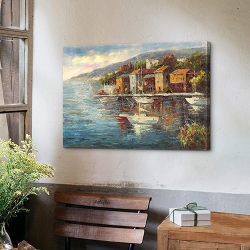 Miniatura 5 de WALLSUP DECOR Lienzo decorativo para pared, paisaje oceánico, pintura al óleo costera abstracta con veleros, paisaje marino texturizado, montañas y