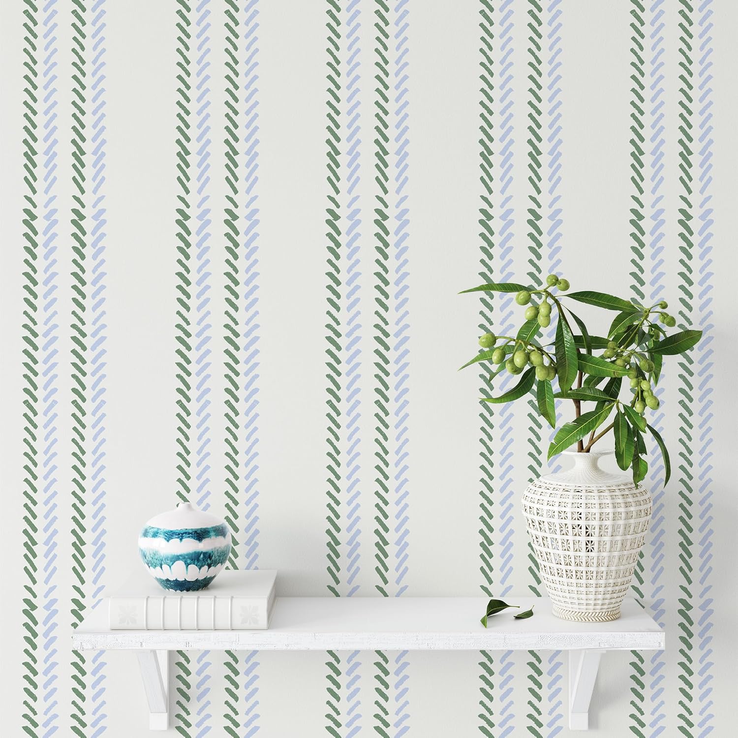 Green Blue Lines Peel and Stick Wallpaper Herringbone Self Adhesive Wall Paper Modern Geometric Stripe Removable Contact Paper for Bathroom Living Room Wall Decor 17.7"x118"