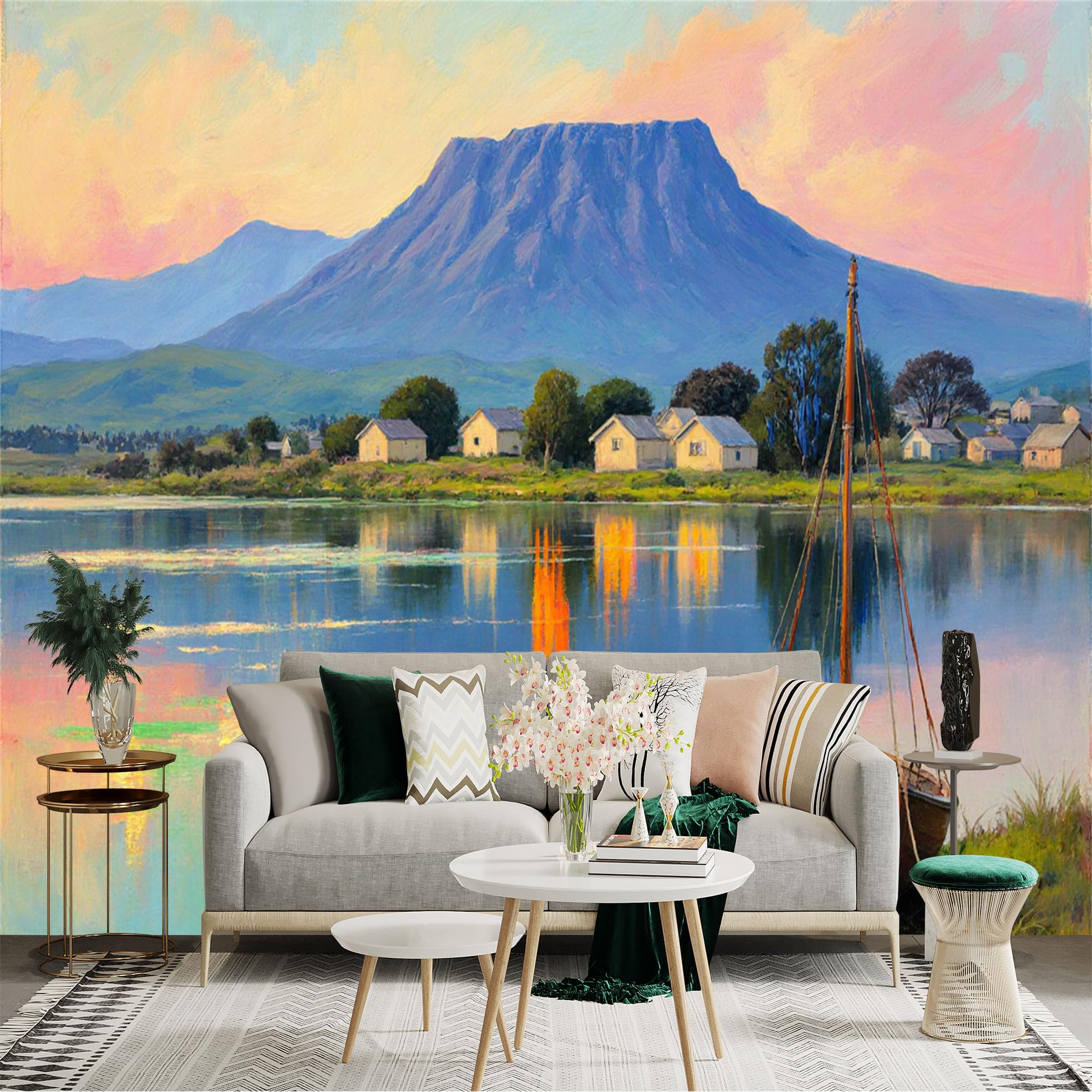 Custom Size Wall Sticker Mural， Peaceful Lakeside Village with Boat， Mountain and Sunset Reflection， for wall Decoration， peelandstick wall Decals.