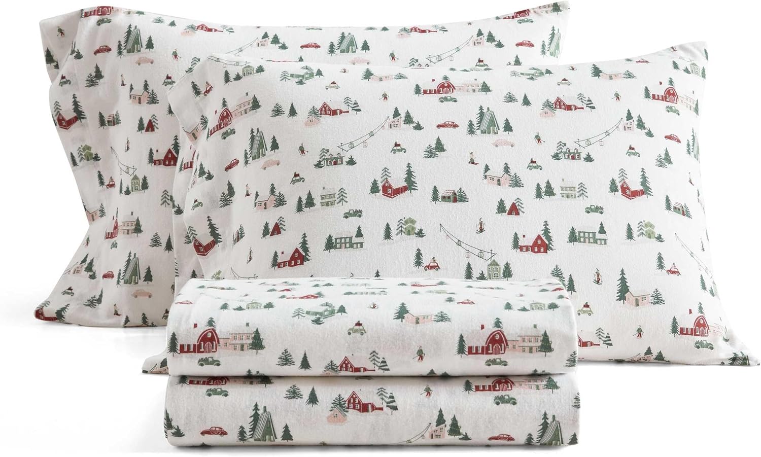 Martha Stewart - Flannel Sheets Queen Size, Anti-Pilling & Wrinkle Resistant Cotton, Touchably Soft for All-Season Comfort - Bed Sheets with Matching Pillowcases & Fitted Sheet (Ski Village Green)