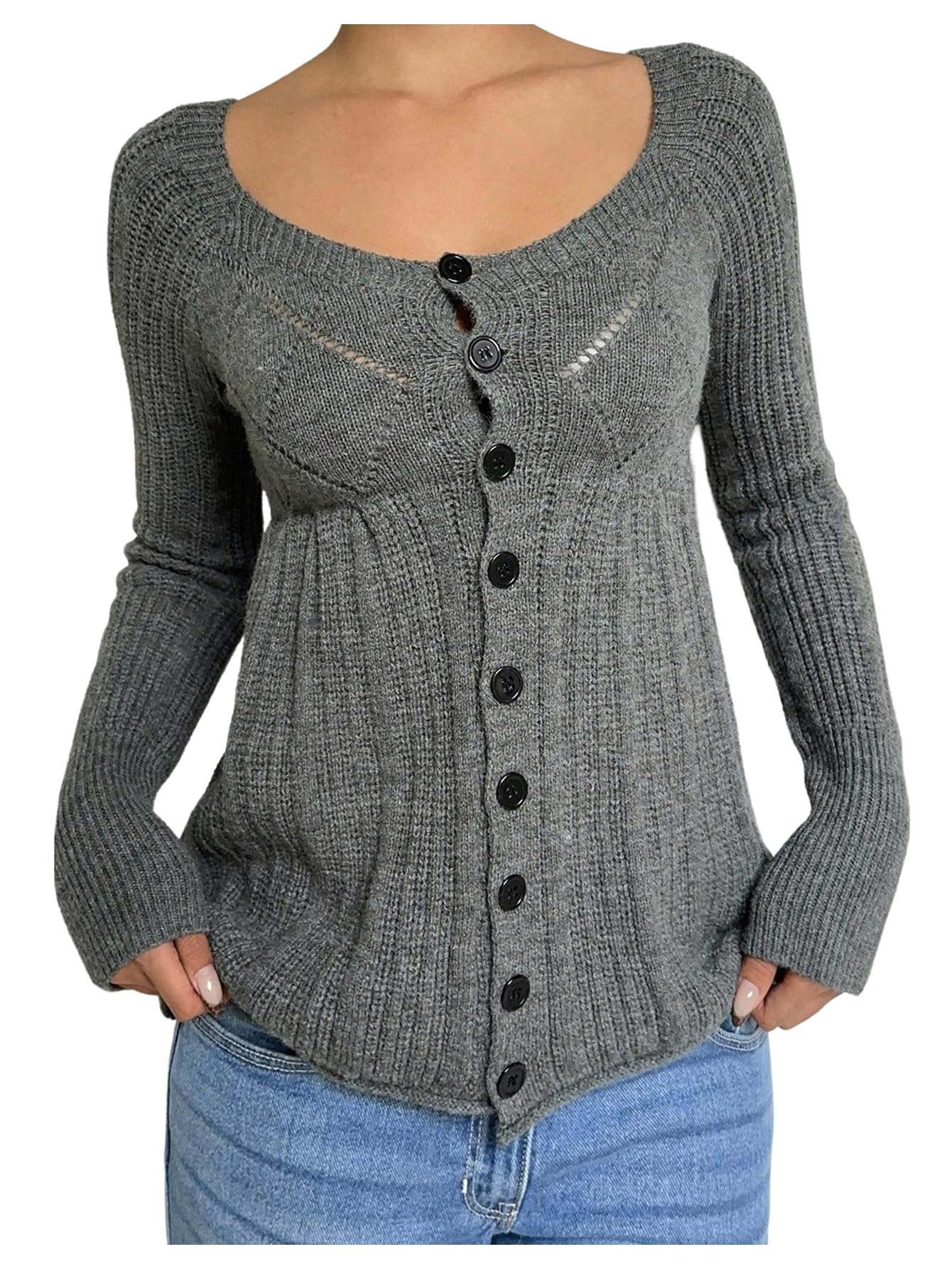 SOLY HUX Womens Button Up Cardigan Top Long Sleeve Scoop Neck Slim Fitted Knit Sweater