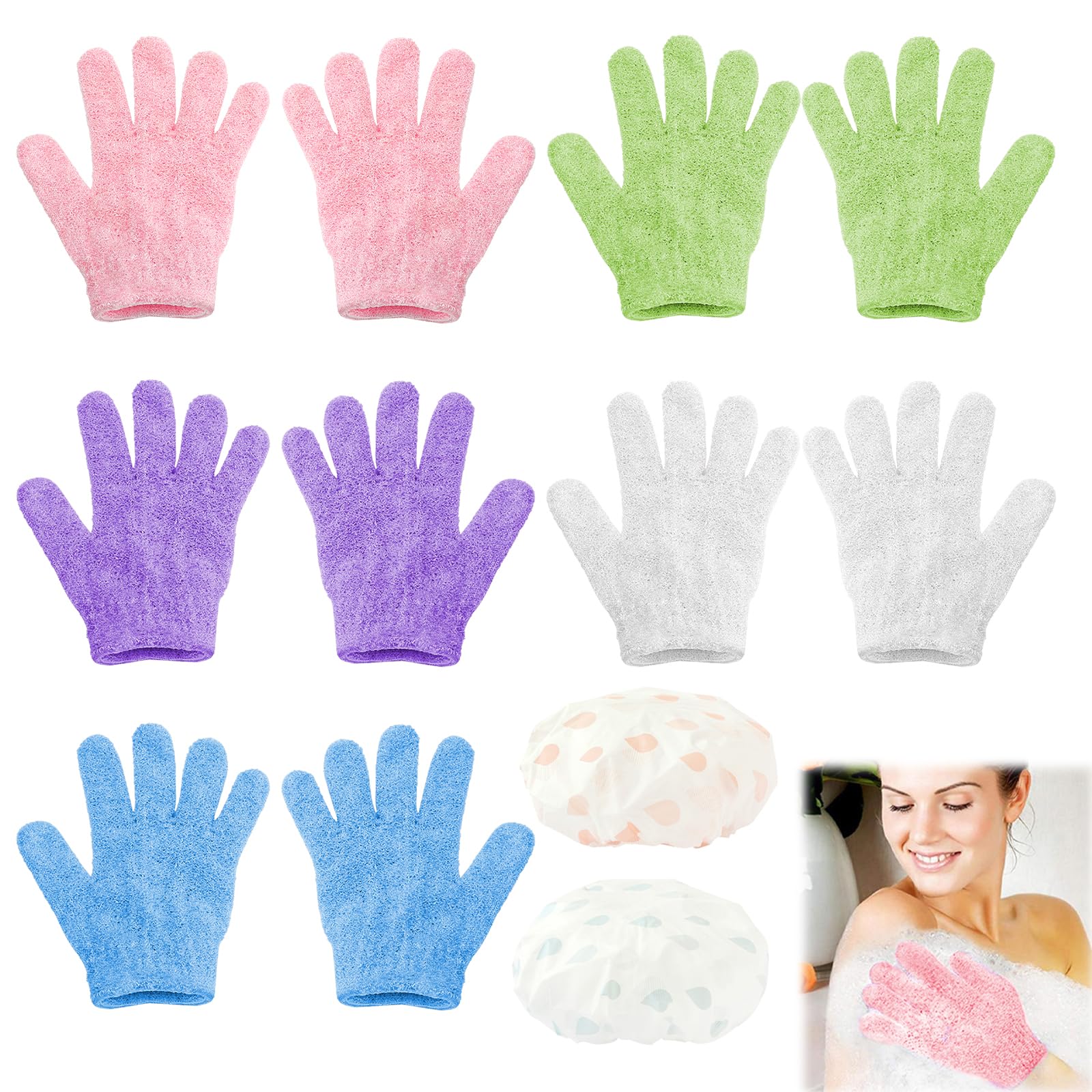 UOCAI 10er-Set Peelinghandschuhe + 2 Duschhauben – Exfoliating Gloves Für Weiche Haut, 5-Finger-Design, Verschiedene Farben