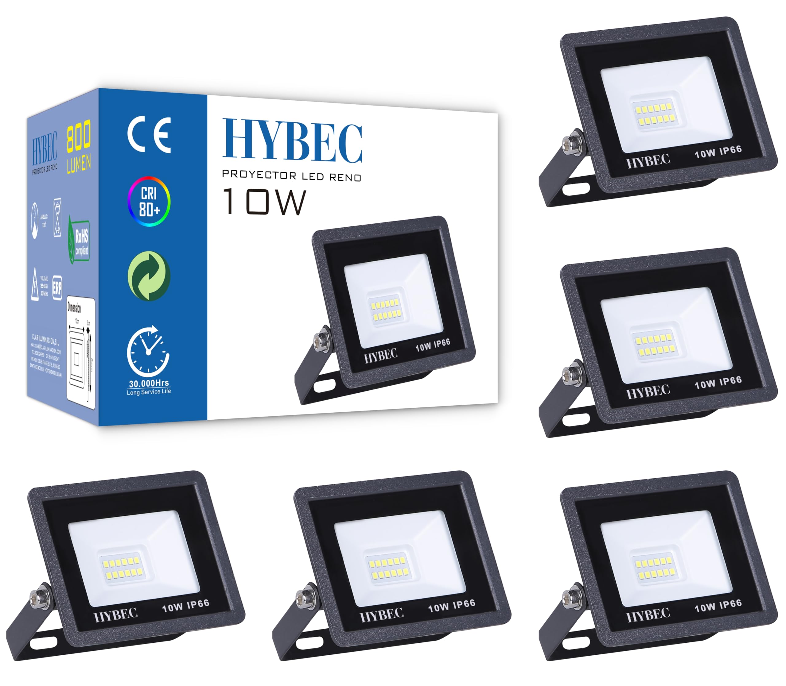 CLAR – Proyector LED exterior de 10 W, foco LED 3000 K, iluminación IP65 para jardín, terraza o fachada (pack 5)