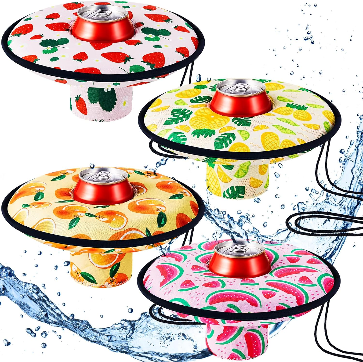 Rtteri 4 Pcs Neoprene Floating Drink Holder Pool Drink Floating Coaster Pool Beer Holder with Rope for Summer Party Tub Lake Boat, Medium(Fruit Style)