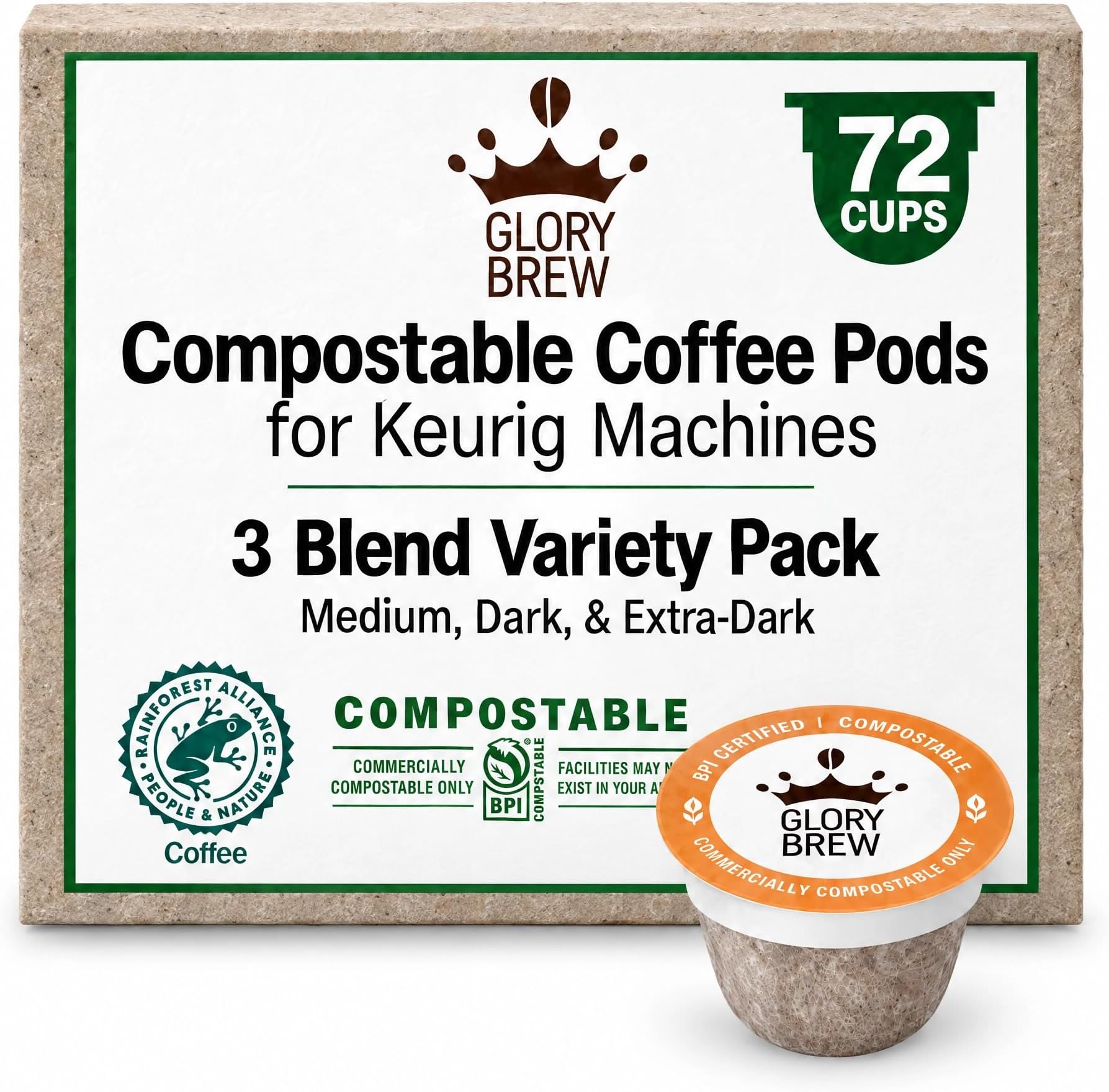 - Glorybrew 72ct Compostable K Cups Coffee Pods for Keurig Coffee Machine