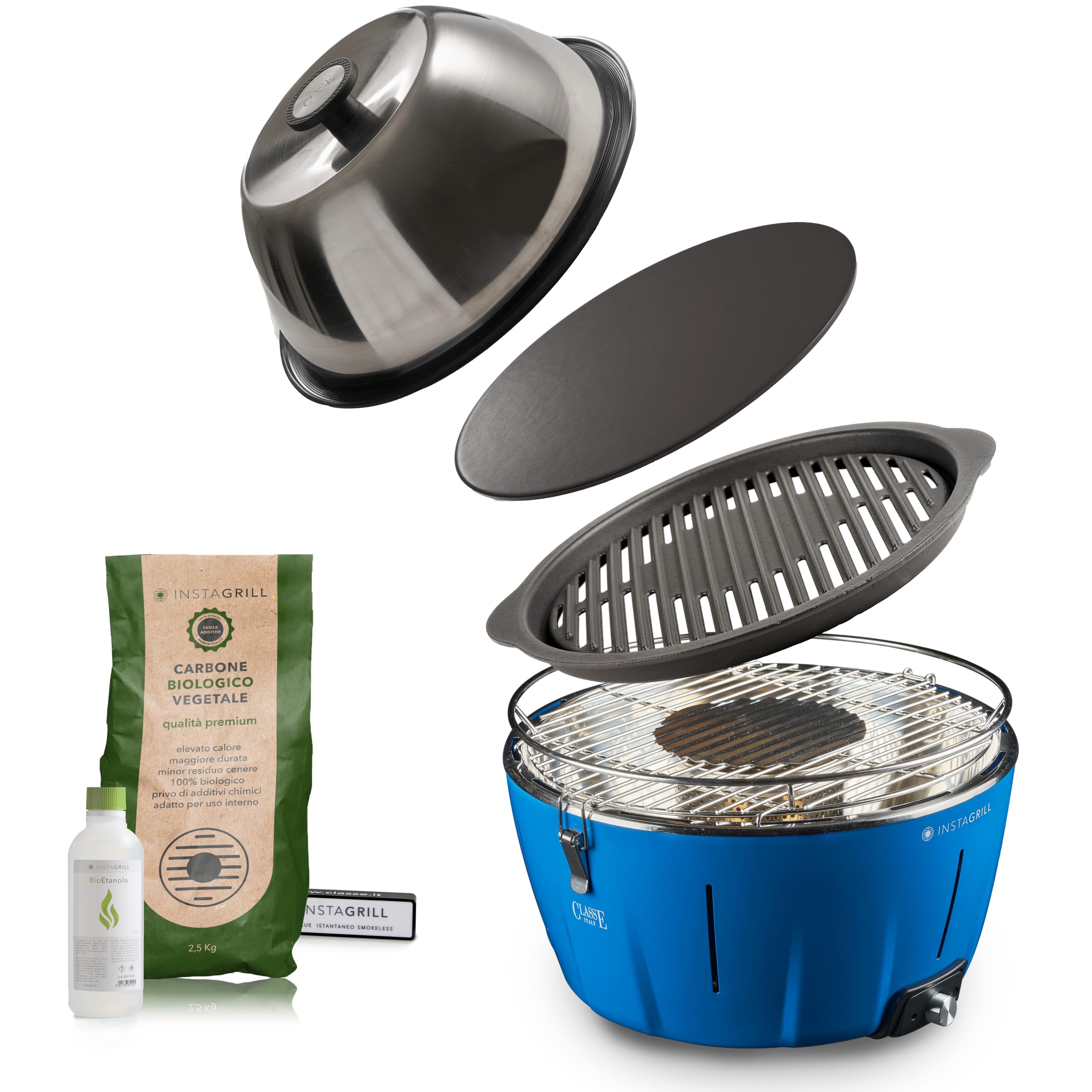 InstaGrill | Barbecue a Carbonella con Griglia in Ghisa, Coperchio cottura forno e Piastra. Da Balcone, Portatile. Include Batteria Ricaricabile, Carbone e Gel per accensione. MASTER GRILLER Blu MASTER - 5 Accessori Blu Oceano
