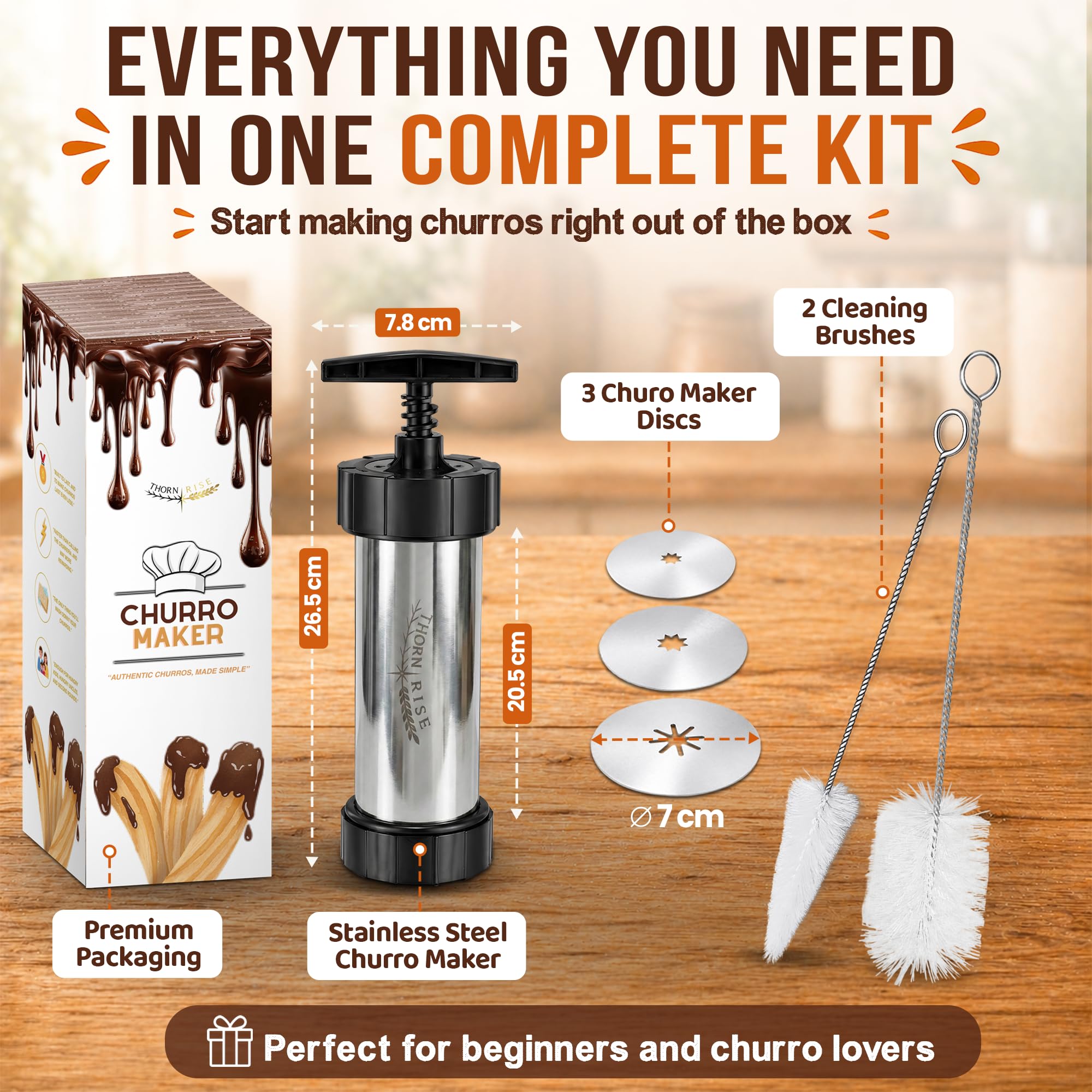 Churreras à churros et matraques en acier inoxydable 304 - Rapide, facile à nettoyer et de grande capacité - Idéal desserts maison et cuisine familiale - Kit pâtisserie professionnel pour chefs et