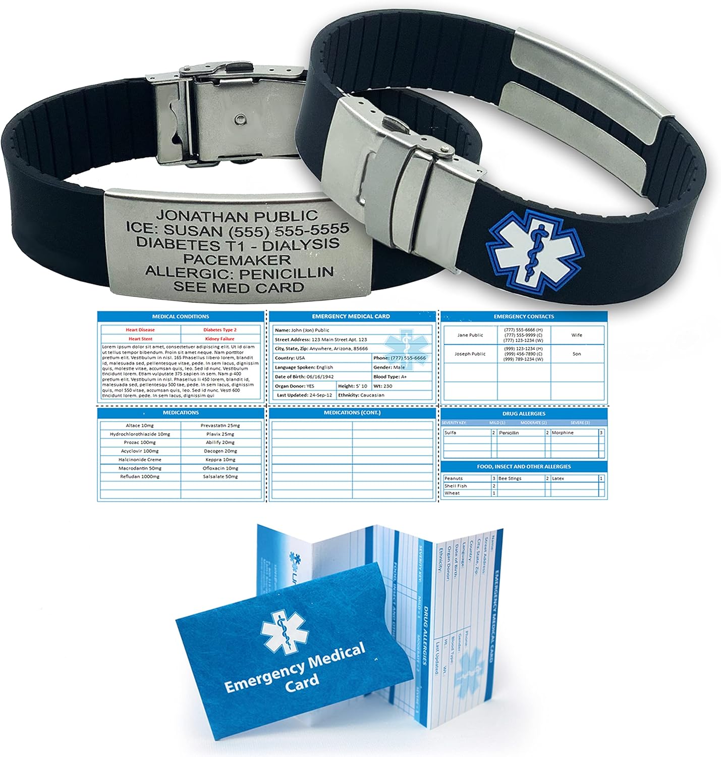 Medical Alert Bracelet for Men and Women – Custom Engraved Stainless Steel ID, Adjustable Silicone Band, Waterproof, Emergency Medical ID with Card & PHR Access