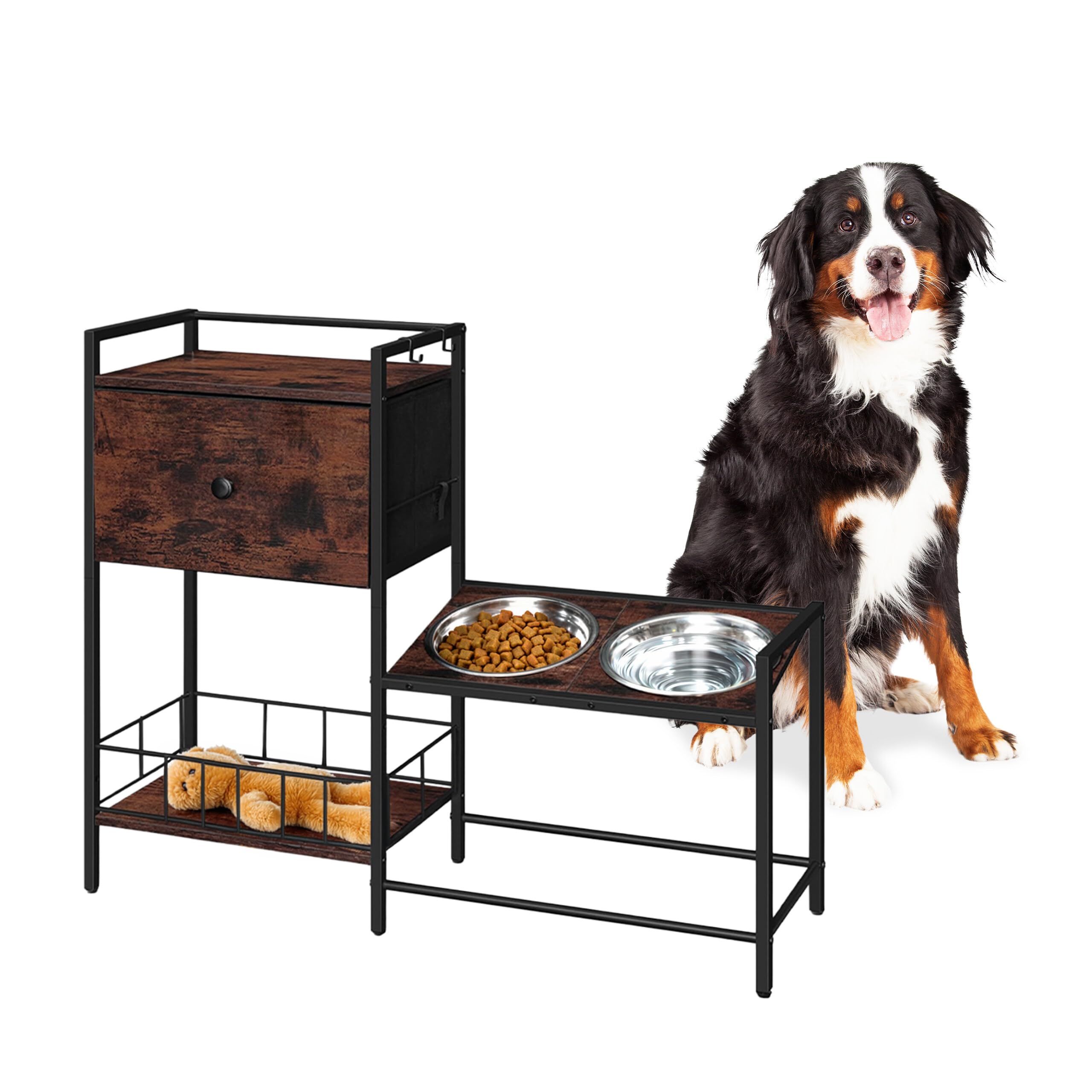 Relaxdays Comedero Elevado para Perros con 2 Cuencos de INOX, almacenaje, 76×90×27 cm, Armario Industrial marrón