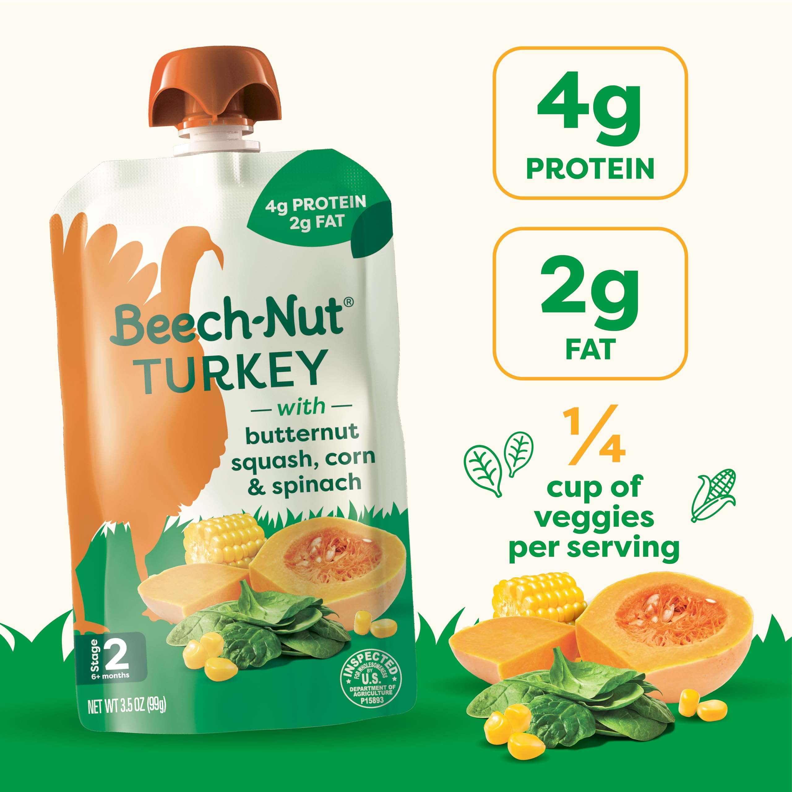 Beech-Nut Turkey Stage 2 Baby Food, Turkey Butternut Squash Corn & Spinach, Puree Meat Baby Food Pouch, 3.5 oz Pouch (12 Pack)