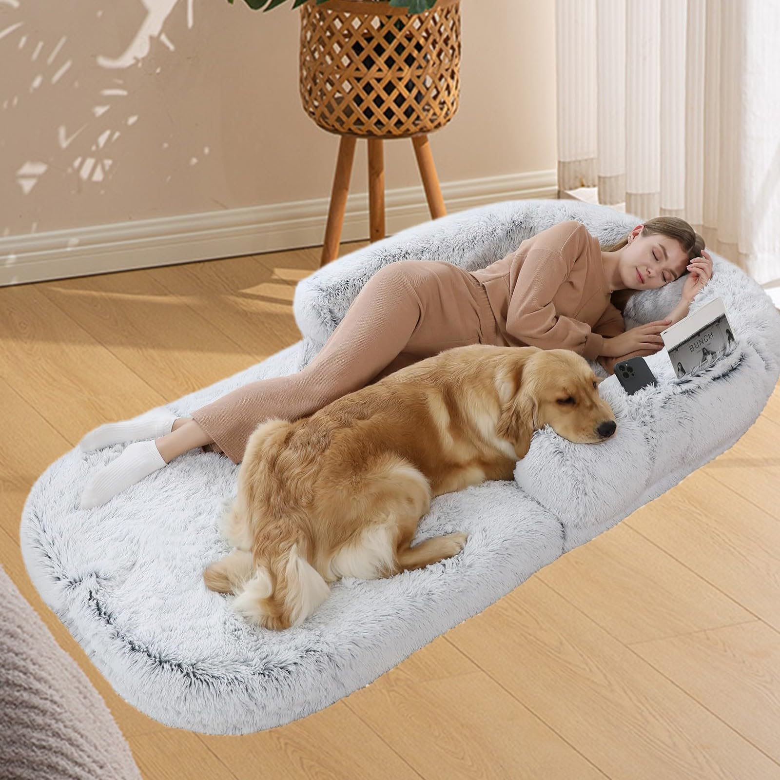 Somsiwey Foldable Human Dog Bed, Orthopedic Human Size Dog Bed Fits People and Pets, Plush Washable Dog Bed for Human Adults Doze Off, Napping(Light gray)