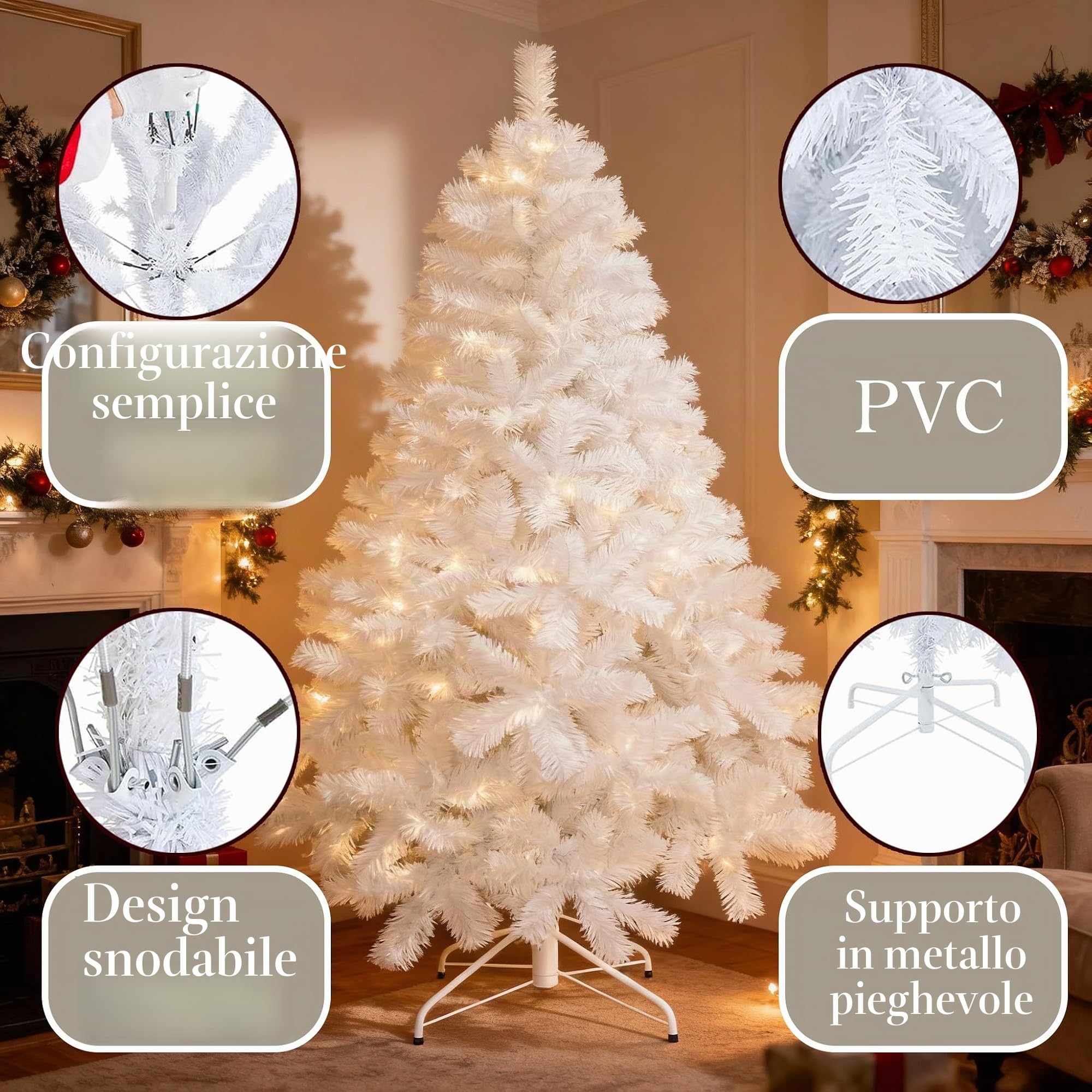 Shatchi - Albero di Natale Artificiale dall'aspetto rigoglioso, con Supporto in Metallo, in PVC, 210 cm, Colore: Nero/Verde/Bianco