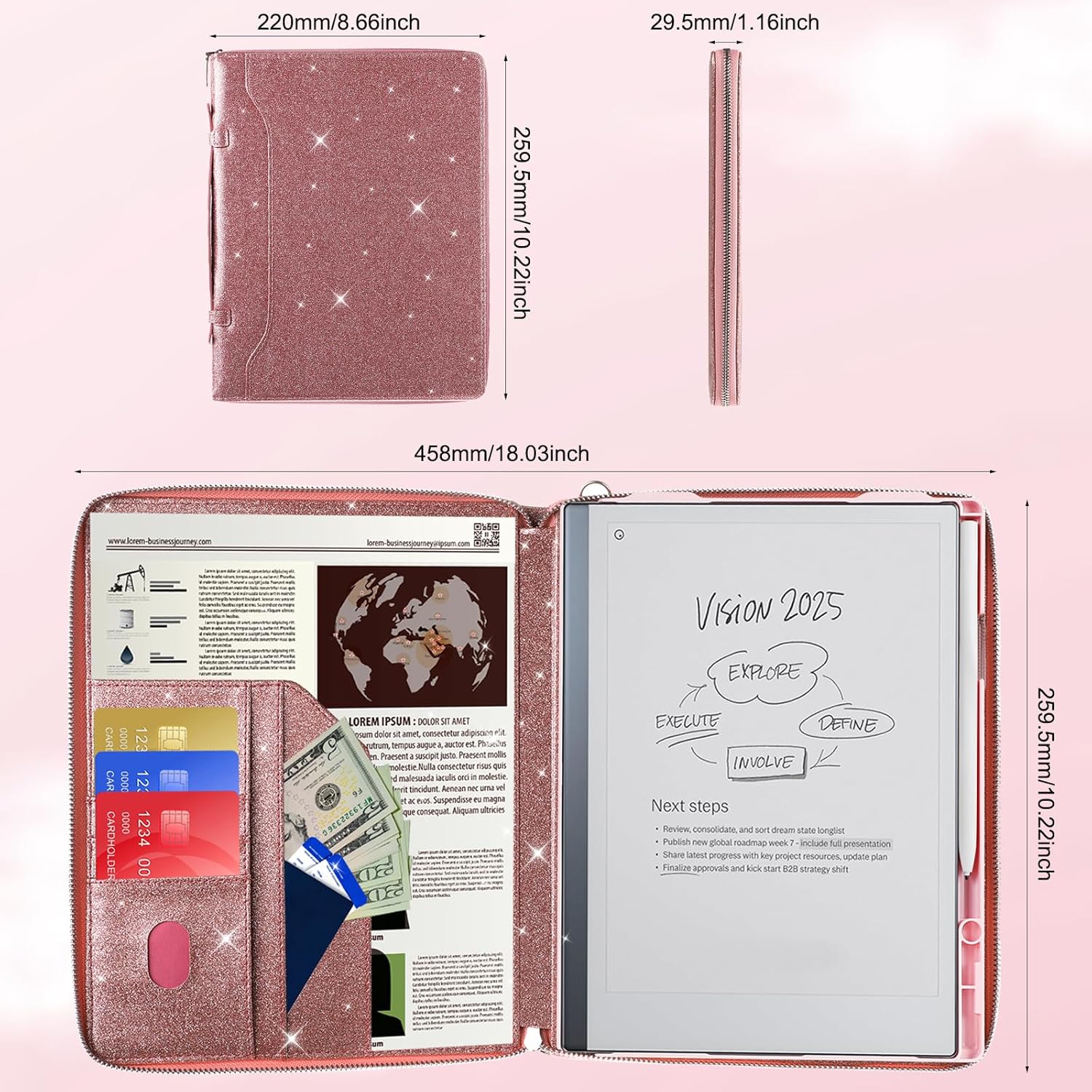 E NET-CASE Glittering PU Leather Case for Remarkable 2 Tablet 10.3 inch (2020 Released), Business Handheld Design Cover for Remarkable 2 Digital Paper with Zipper & Pen Holder (Starry Night Pink)