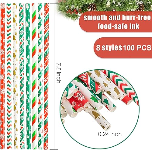 Miniatura 2 de 100 popotes de papel biodegradable de Navidad, 8 diseños surtidos para árbol de Navidad, copos de nieve, para Navidad, bodas, Año Nuevo, vacaciones,